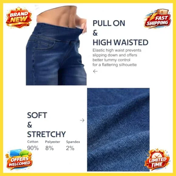 High Waisted Wide Leg Jeans, Stretchy Tummy Control, Pull On Straight Leg Denim